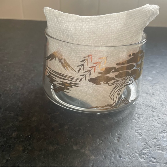 Round clear glass trinket jar with a lid, adorned with gold Asian symbols - Picture 4 of 9